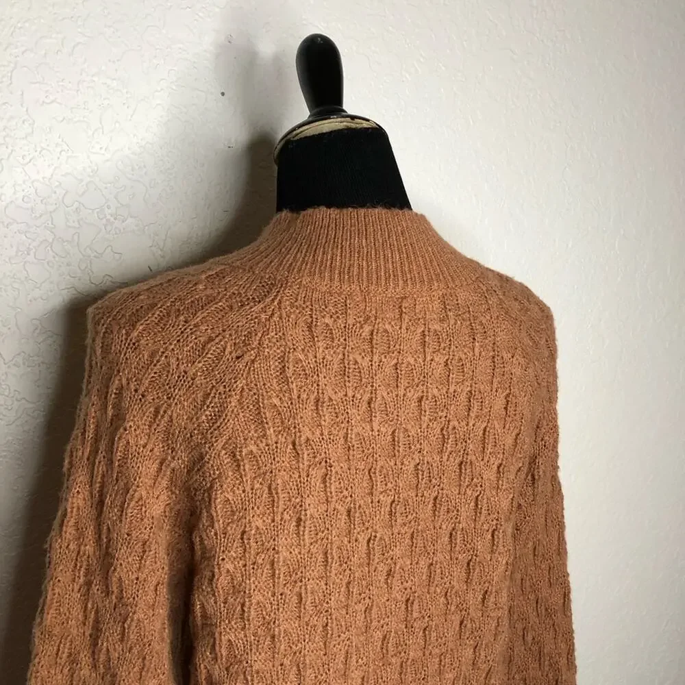 Self Contrast light brown textured knit button popover sweater size Small